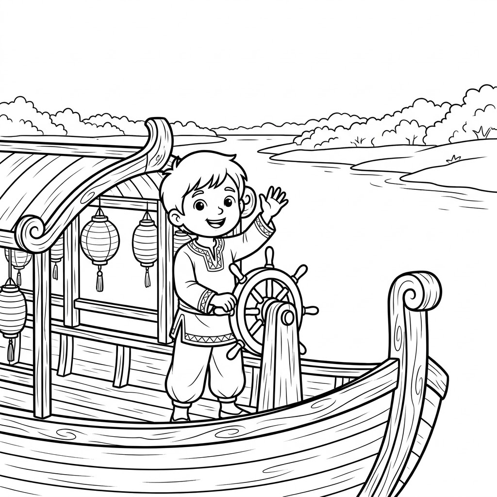 Raya and the last dragon coloring page of a young boy steering a decorated wooden boat on a river